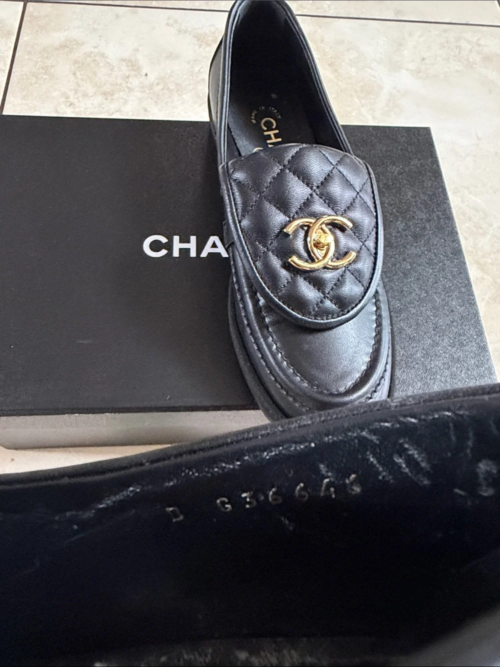 CHANEL Black Quilted Leather Loafers with Gold CC Hardware